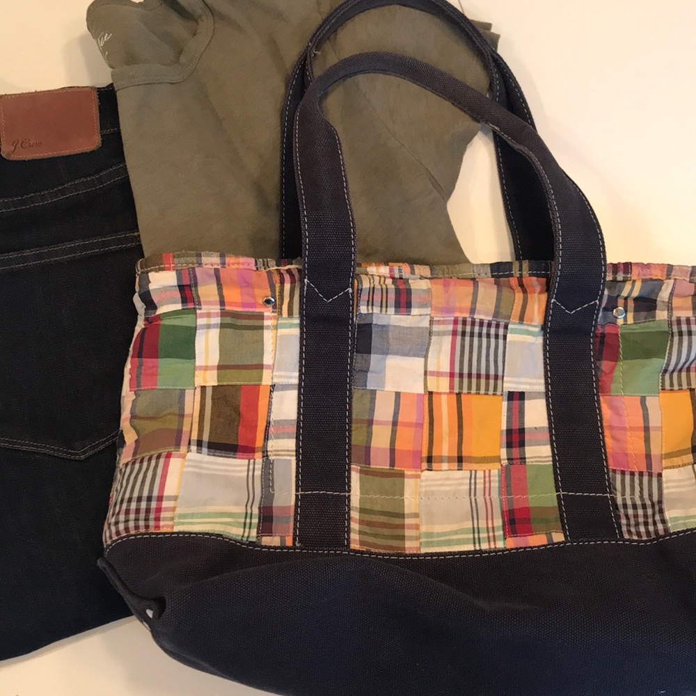 J Crew Madras tote bag purse w navy